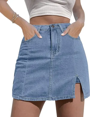 KINGFEN Women's Casual Denim Mini Skirt Hem Split High Waist Jean Skirt Short Dress Summer