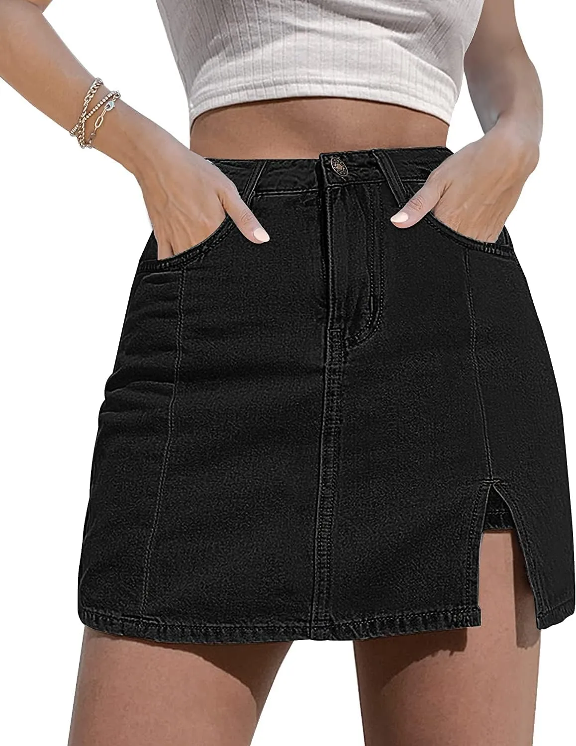 KINGFEN Women's Casual Denim Mini Skirt Hem Split High Waist Jean Skirt Short Dress Summer