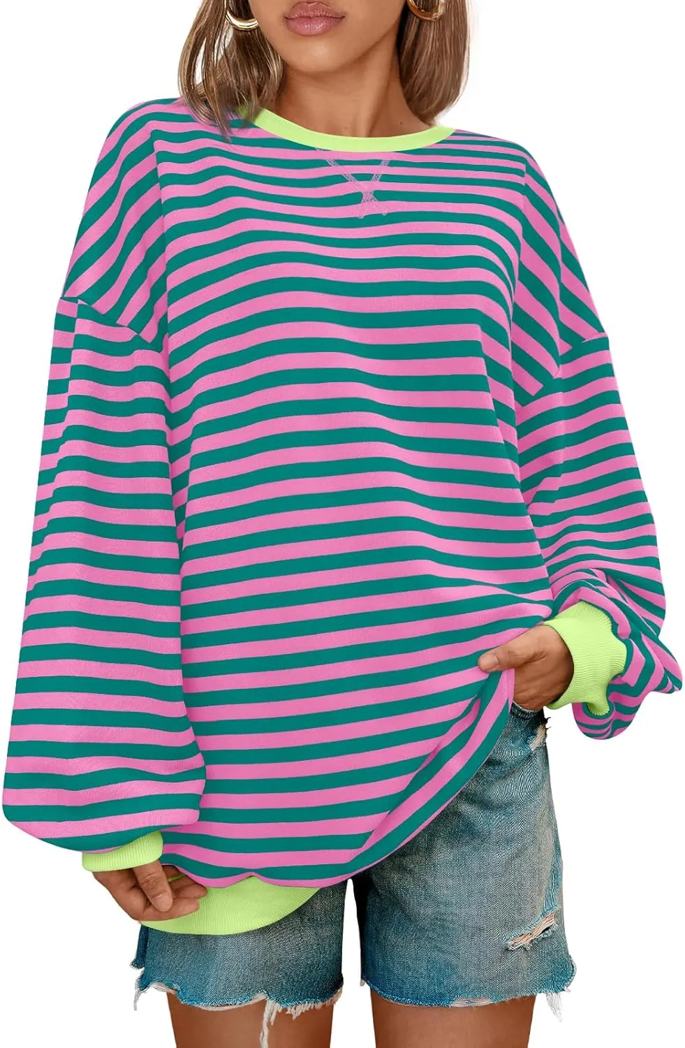 Kissfix Women's Striped Oversized Sweatshirt Long Sleeve Shirts for Women Crewneck Hoodies Casual Pullover Top Y2K Tops
