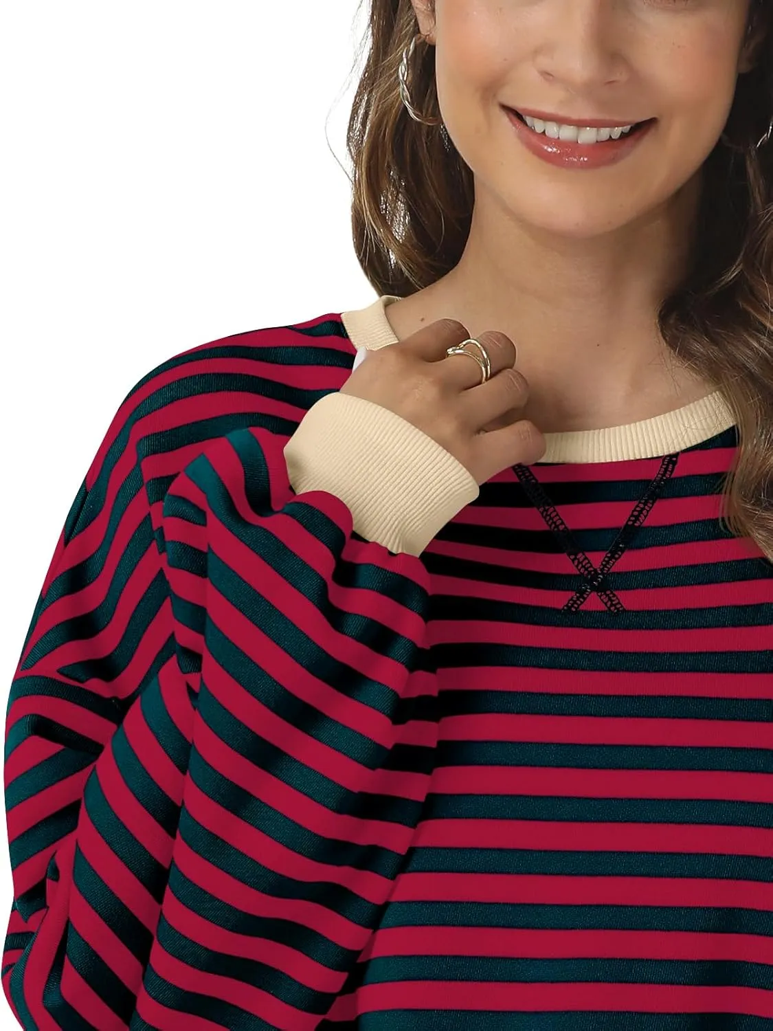 Kissfix Women's Striped Oversized Sweatshirt Long Sleeve Shirts for Women Crewneck Hoodies Casual Pullover Top Y2K Tops