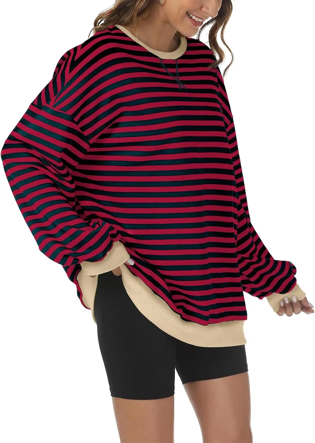 Kissfix Women's Striped Oversized Sweatshirt Long Sleeve Shirts for Women Crewneck Hoodies Casual Pullover Top Y2K Tops