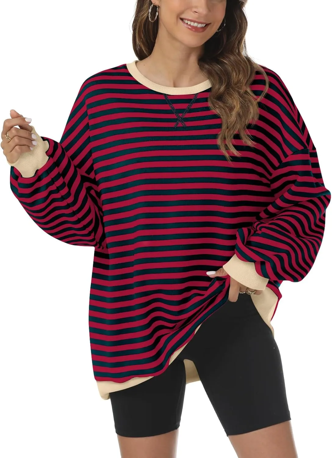 Kissfix Women's Striped Oversized Sweatshirt Long Sleeve Shirts for Women Crewneck Hoodies Casual Pullover Top Y2K Tops