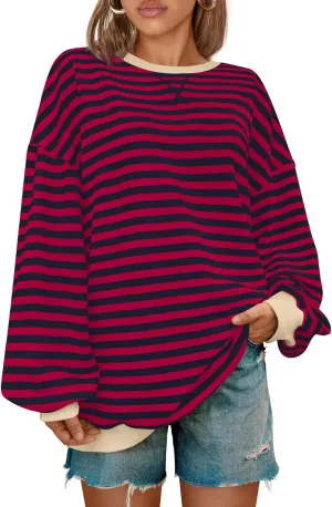 Kissfix Women's Striped Oversized Sweatshirt Long Sleeve Shirts for Women Crewneck Hoodies Casual Pullover Top Y2K Tops