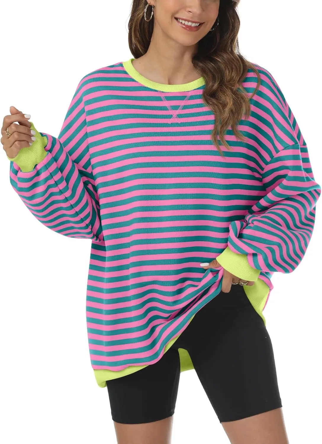 Kissfix Women's Striped Oversized Sweatshirt Long Sleeve Shirts for Women Crewneck Hoodies Casual Pullover Top Y2K Tops
