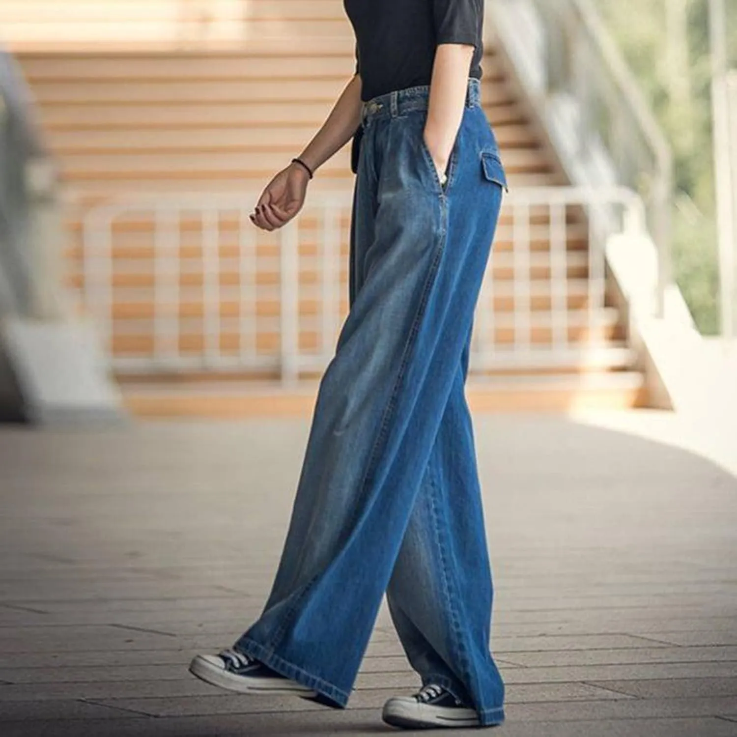 Kissonic Women's Wide Leg Denim Trousers High Waist Straight Jeans Pants Sweatpants