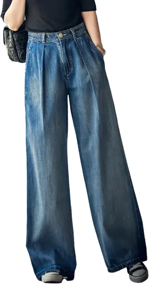 Kissonic Women's Wide Leg Denim Trousers High Waist Straight Jeans Pants Sweatpants