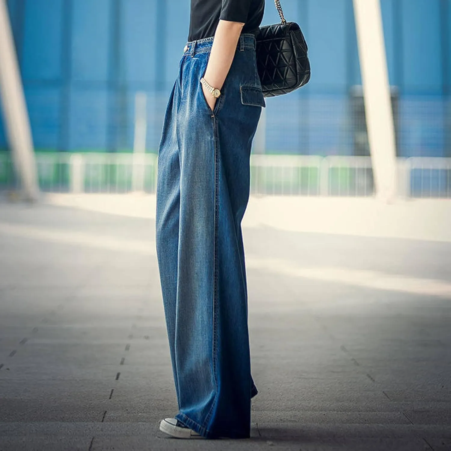 Kissonic Women's Wide Leg Denim Trousers High Waist Straight Jeans Pants Sweatpants