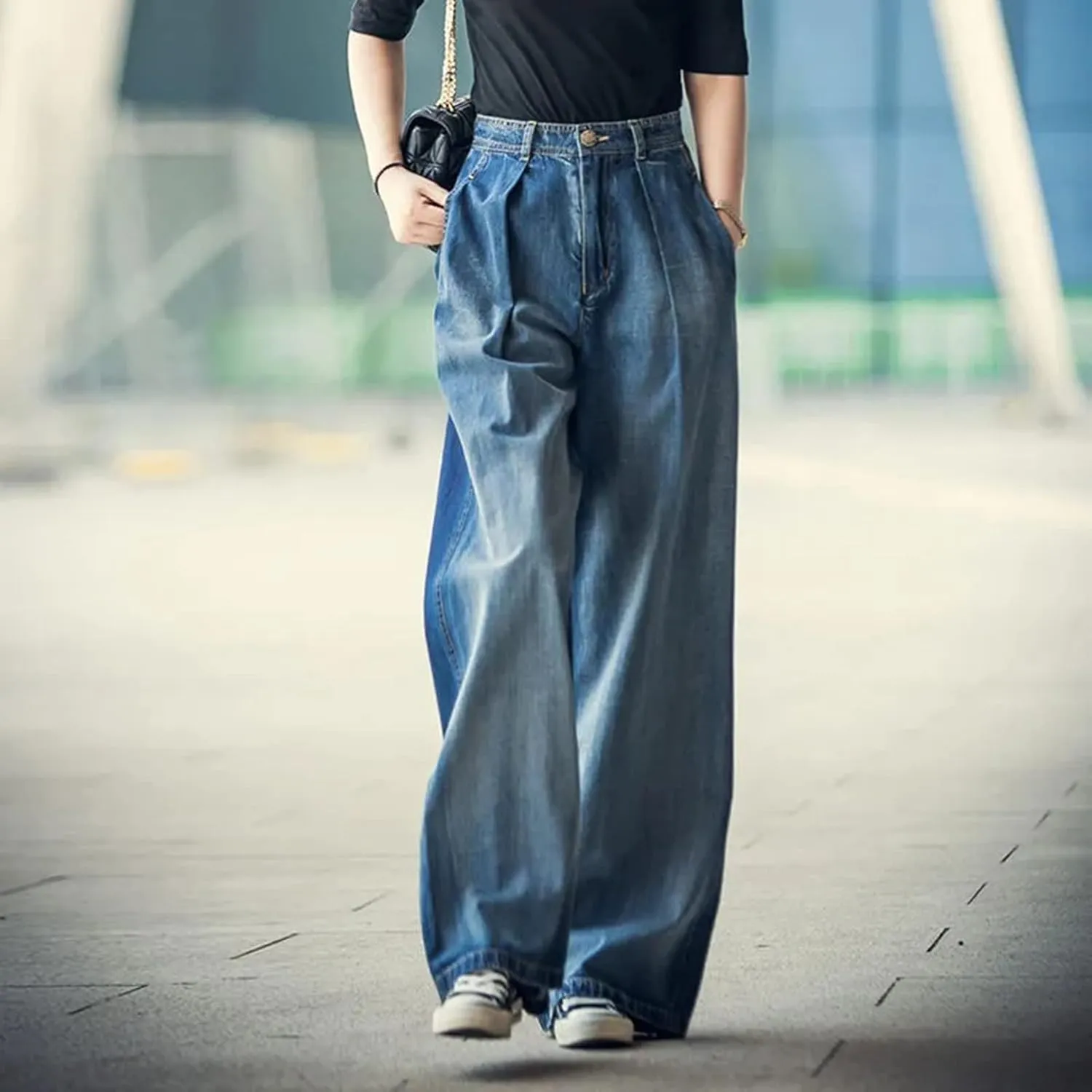 Kissonic Women's Wide Leg Denim Trousers High Waist Straight Jeans Pants Sweatpants