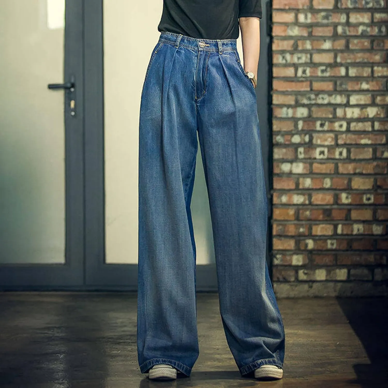 Kissonic Women's Wide Leg Denim Trousers High Waist Straight Jeans Pants Sweatpants