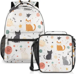 Kitten Cats Lunch Backpack Colorful Planet Stars Laptop Backpacks Set with Insulated Cooler Lunch Box Leak Proof Lunch Bag for Women Men Work Camping Travel Daypack