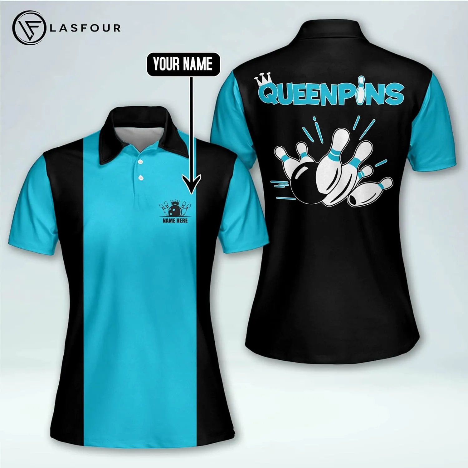 LASFOUR Personalized Queen Pins Pink Bowling Shirts for Women, Custom Quick-Dry Bowling Shirts Short Sleeve Polo for Girls