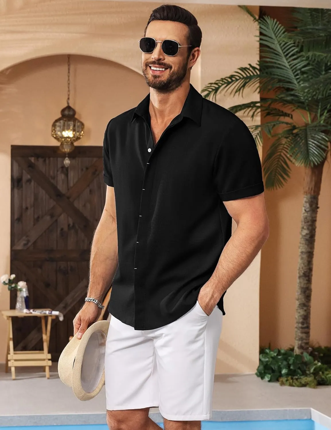 LETSEE Men's Linen Shirts Short Sleeve Button Down Casual Dress Shirts for Men Beach Vacation Shirt Fashion Summer Clothes