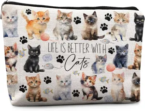 Life is Better with Cats Cosmetic Bag - Cute Cat Stuff, Makeup Bag & Toiletry Pouch for Cat Lovers