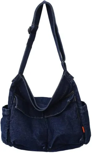 Lightweight Retro Travel Shopper Crossbody Handbag for Women Jean Tote Purse Denim Shoulder Casual Style