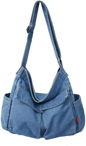 Lightweight Retro Travel Shopper Crossbody Handbag for Women Jean Tote Purse Denim Shoulder Casual Style