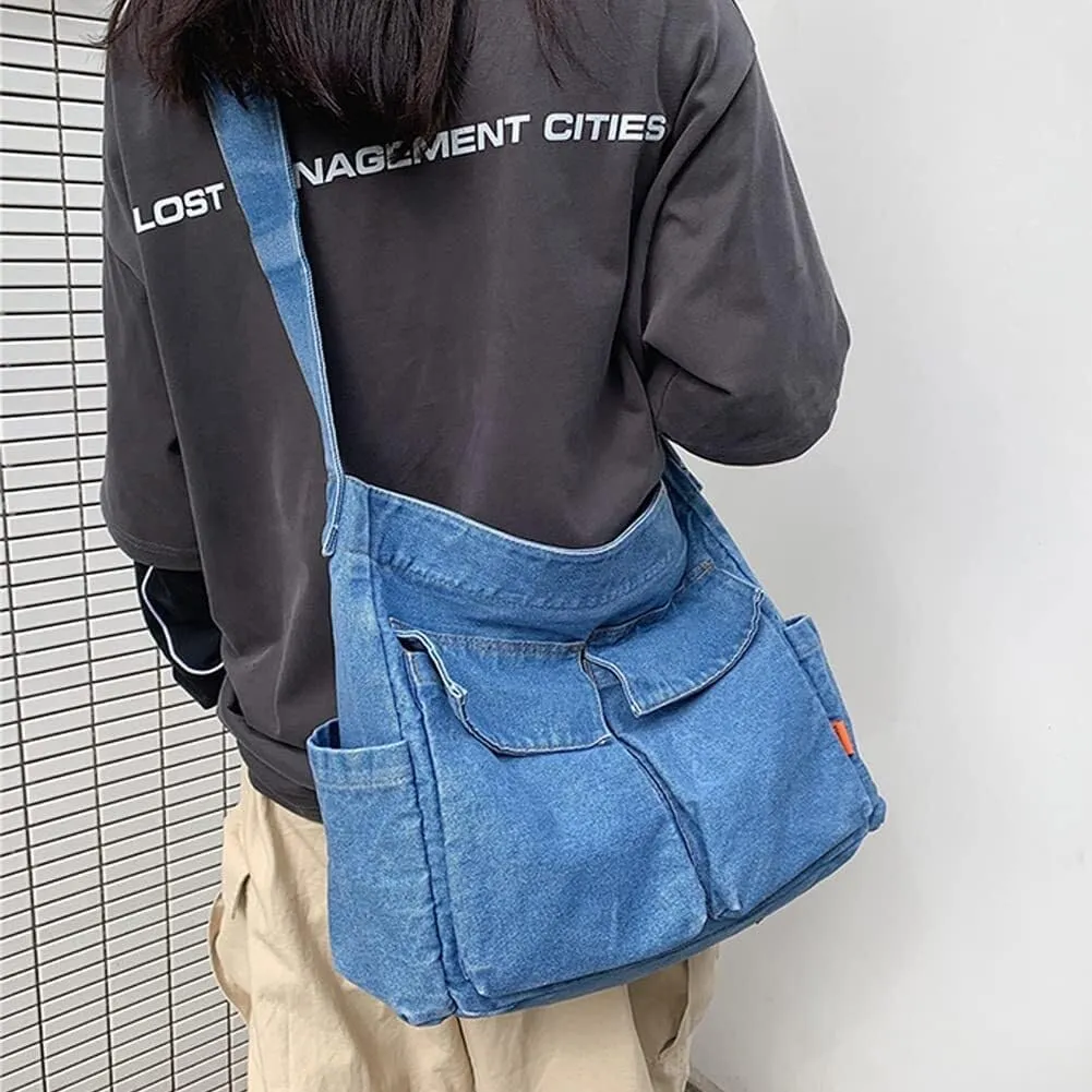 Lightweight Retro Travel Shopper Crossbody Handbag for Women Jean Tote Purse Denim Shoulder Casual Style