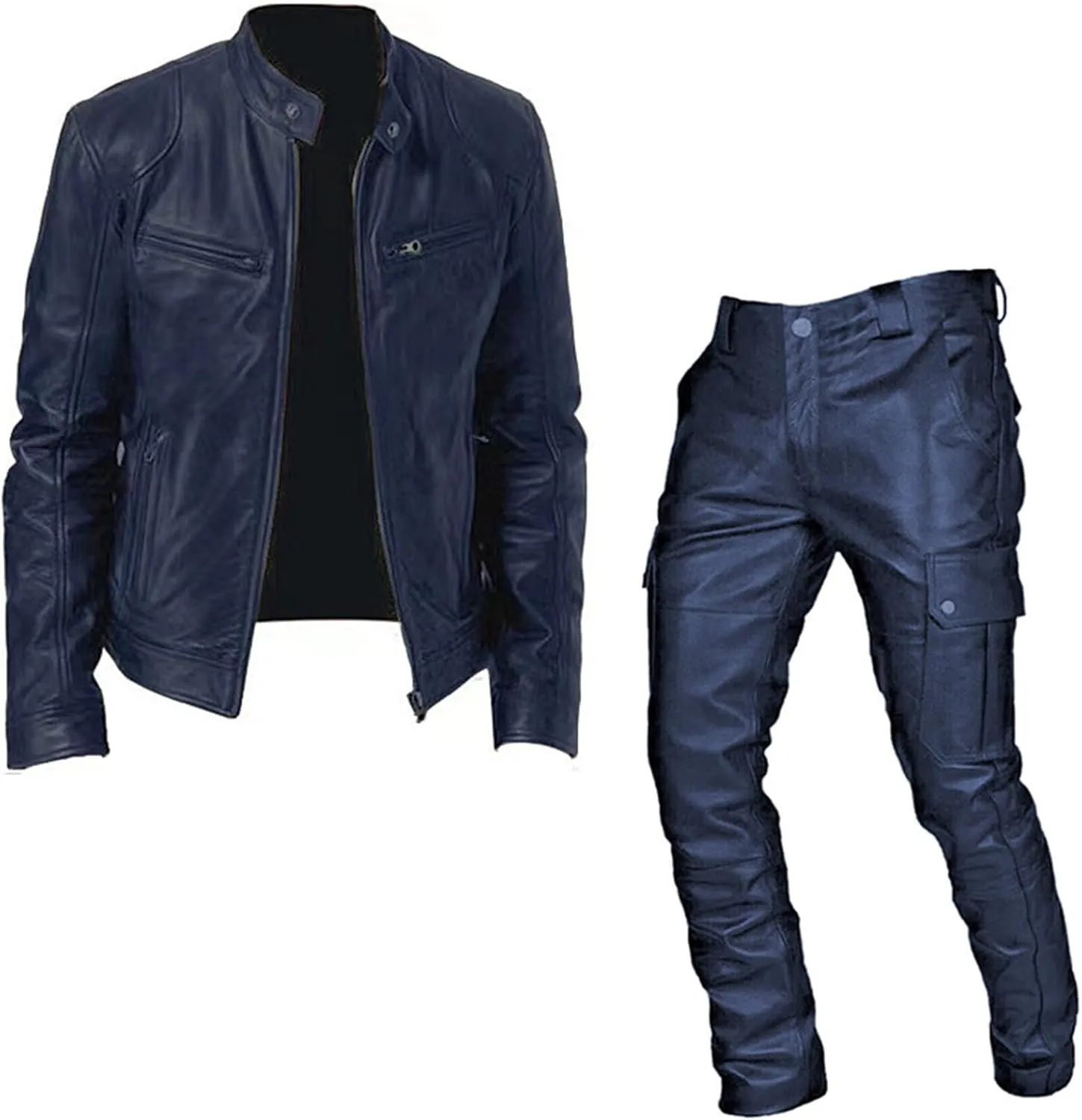 Long Retro Slim Men's Pants Autumn/Winter Punk Casual Suit Leather Leather Pants Two Piece Suit Suit Inner