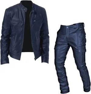 Long Retro Slim Men's Pants Autumn/Winter Punk Casual Suit Leather Leather Pants Two Piece Suit Suit Inner