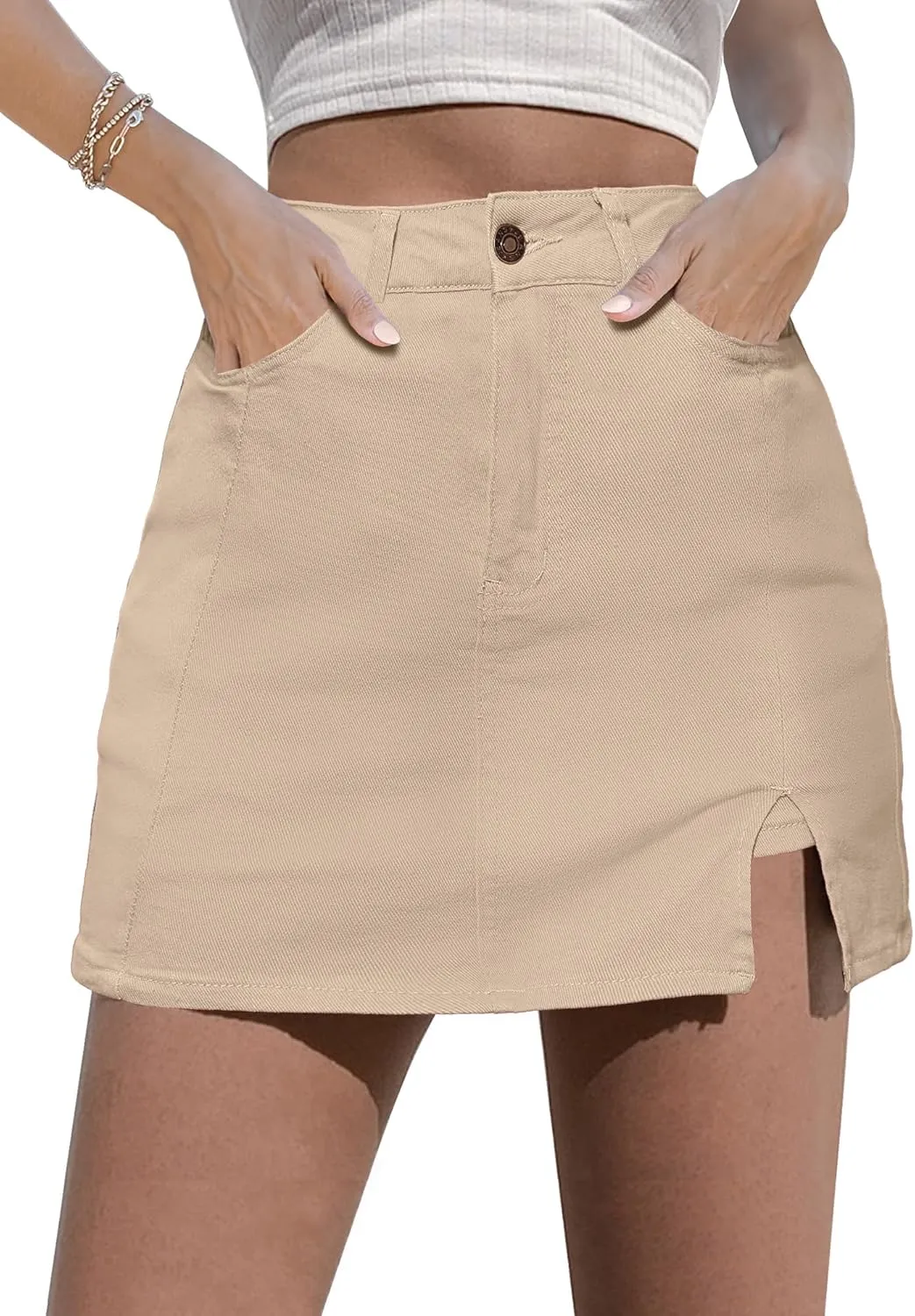 luvamia Skorts Skirts for Women Denim Mini Skirt Side Slit with High Waisted Jean Shorts Stretchy