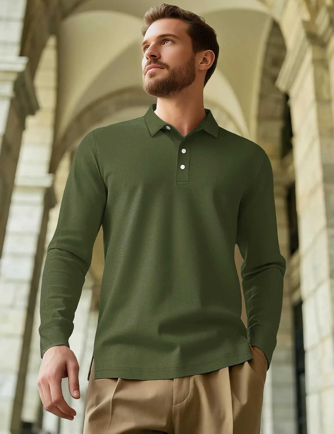MAGCOMSEN Men's Polo Shirt Long Sleeve Golf Shirts Quick Dry Lightweight 3-Button Performance Work Fishing Athletic
