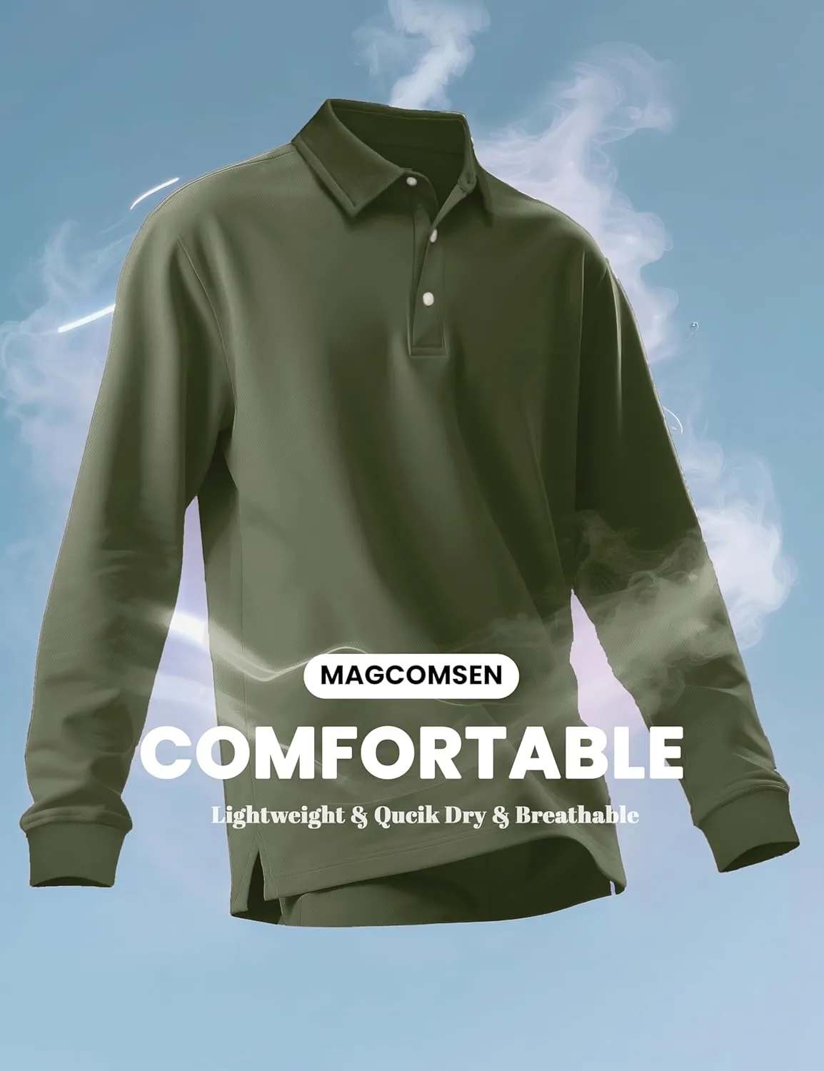 MAGCOMSEN Men's Polo Shirt Long Sleeve Golf Shirts Quick Dry Lightweight 3-Button Performance Work Fishing Athletic