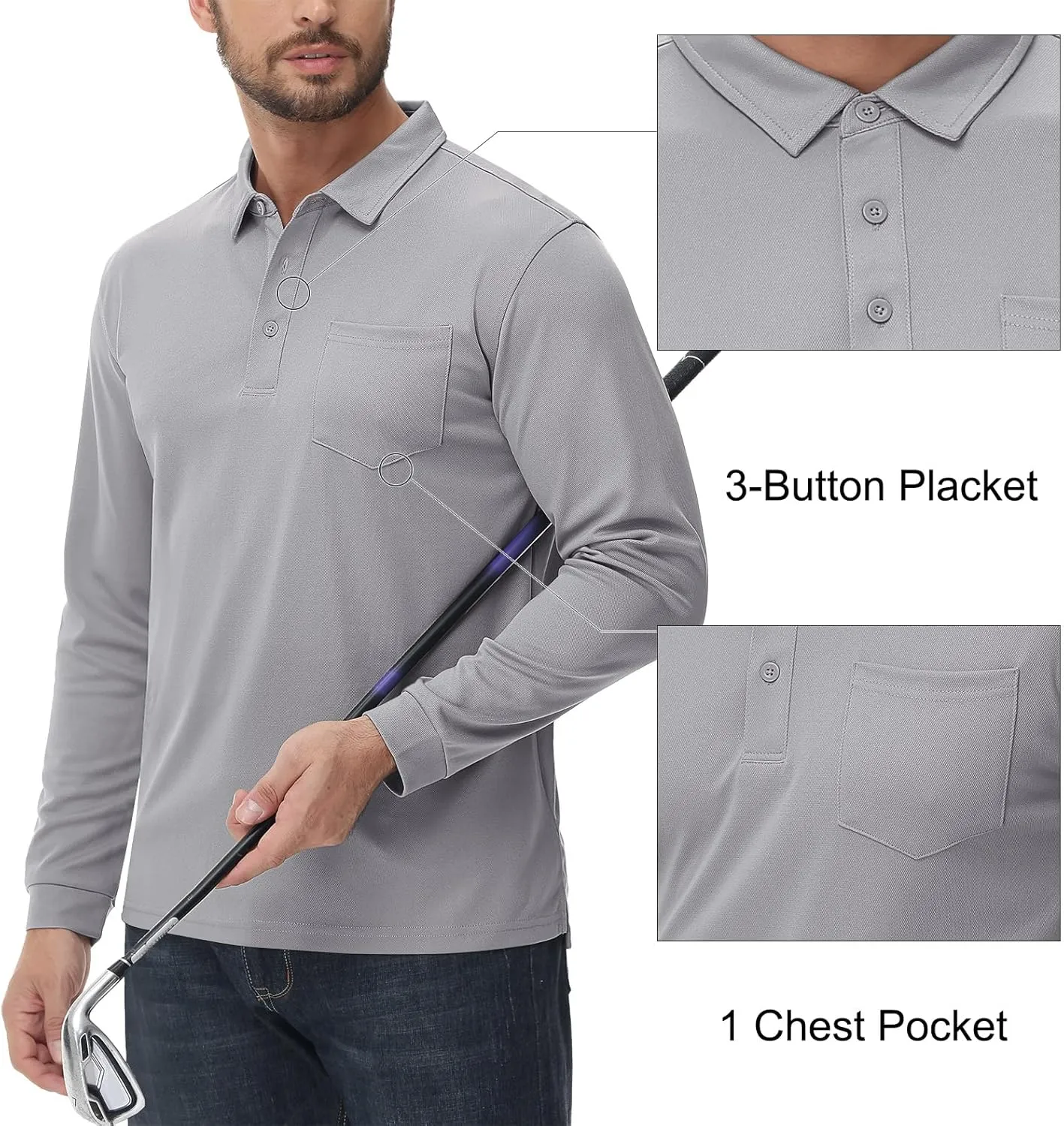 MAGCOMSEN Men's Polo Shirts with Pocket Long Sleeve Golf Quick Dry Shirts Performance Athletic Work Casual Collared Shirt