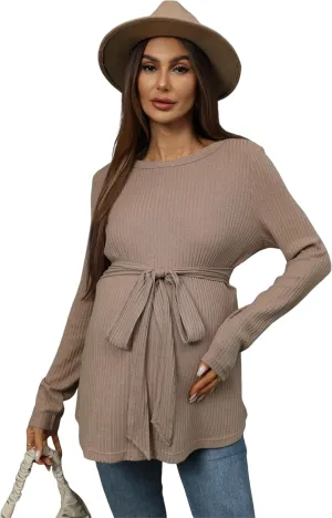 MakeMeChic Women's Maternity Shirts Casual Long Sleeve Tie Front Ribbed Knit Pregnancy Tee Top