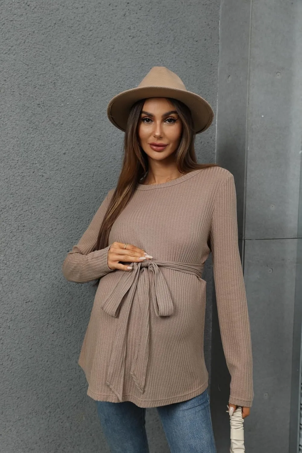 MakeMeChic Women's Maternity Shirts Casual Long Sleeve Tie Front Ribbed Knit Pregnancy Tee Top