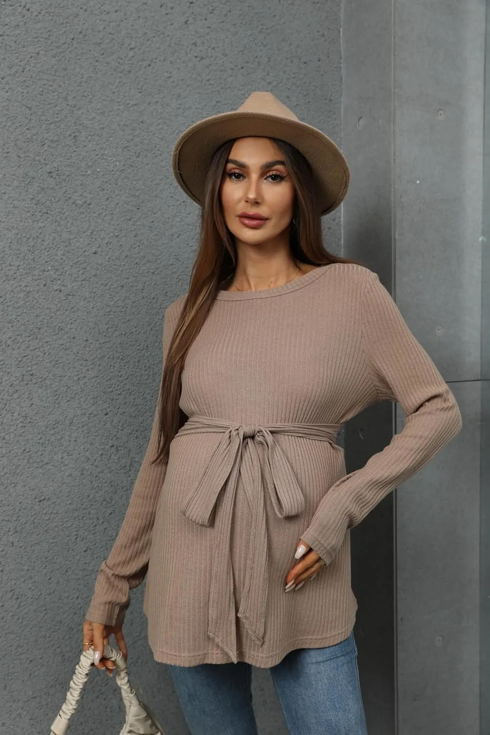 MakeMeChic Women's Maternity Shirts Casual Long Sleeve Tie Front Ribbed Knit Pregnancy Tee Top