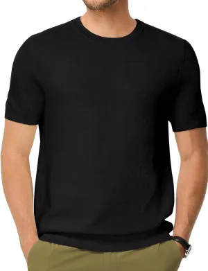Mens 100% Cotton T-Shirts Casual Short Sleeve Crewneck Knit Shirts Summer Waffle Solid Knitted Pullover Sweater