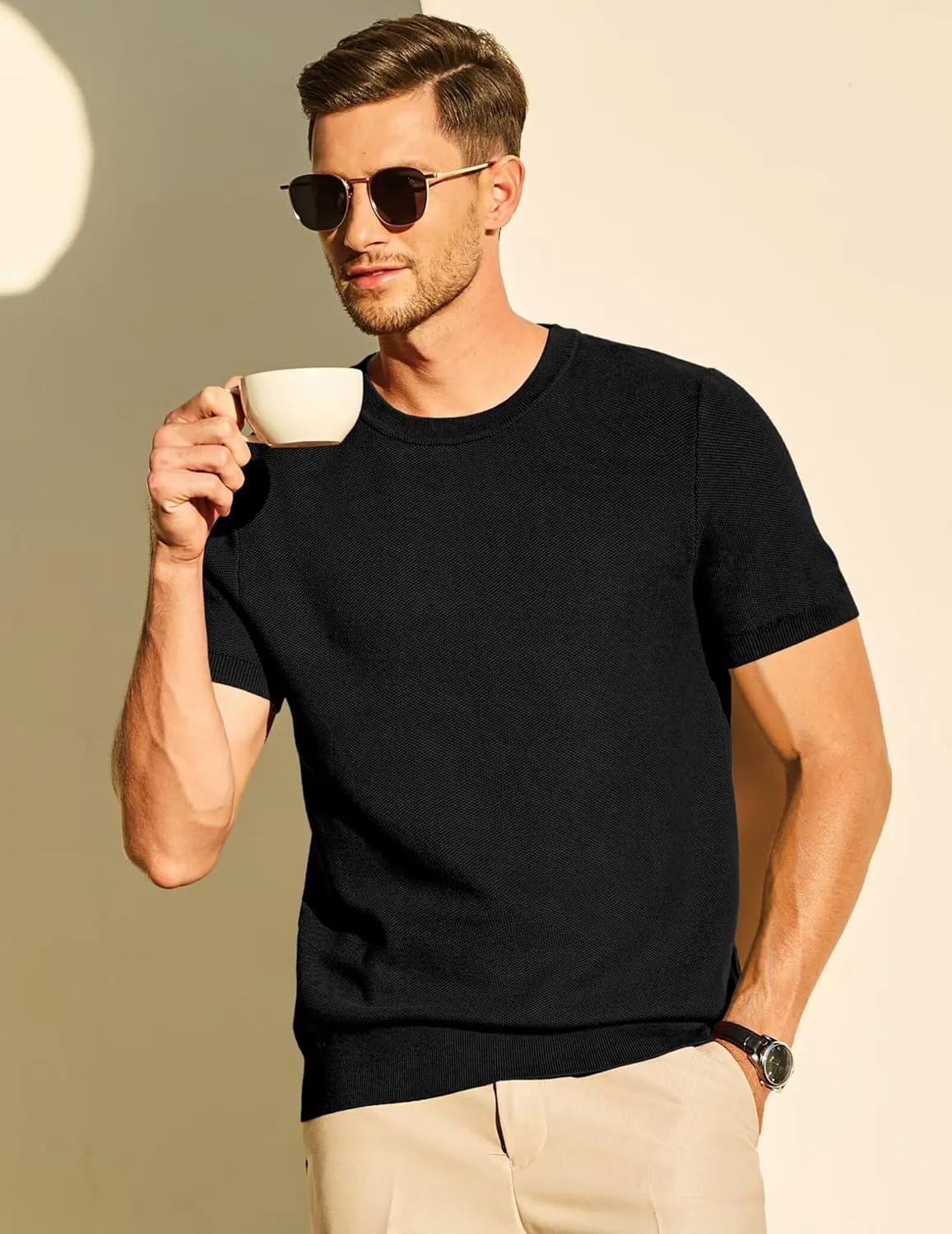 Mens 100% Cotton T-Shirts Casual Short Sleeve Crewneck Knit Shirts Summer Waffle Solid Knitted Pullover Sweater