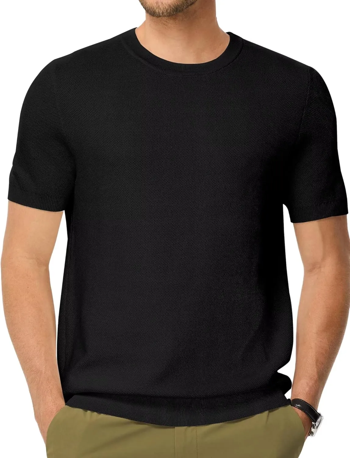 Mens 100% Cotton T-Shirts Casual Short Sleeve Crewneck Knit Shirts Summer Waffle Solid Knitted Pullover Sweater