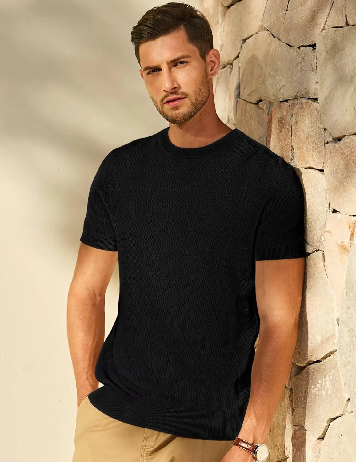 Mens 100% Cotton T-Shirts Casual Short Sleeve Crewneck Knit Shirts Summer Waffle Solid Knitted Pullover Sweater