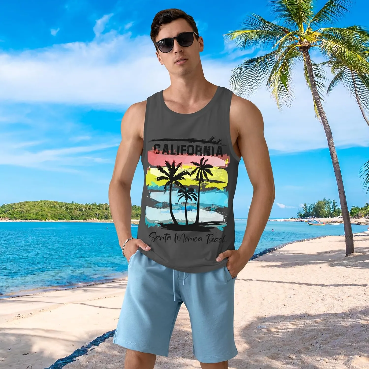 Mens Beach Tank Tops Sleeveless Shirts for Men Summer Hawaiian Graphic Mens Tank Top Workout Gym Shirts Palm Tree Tops