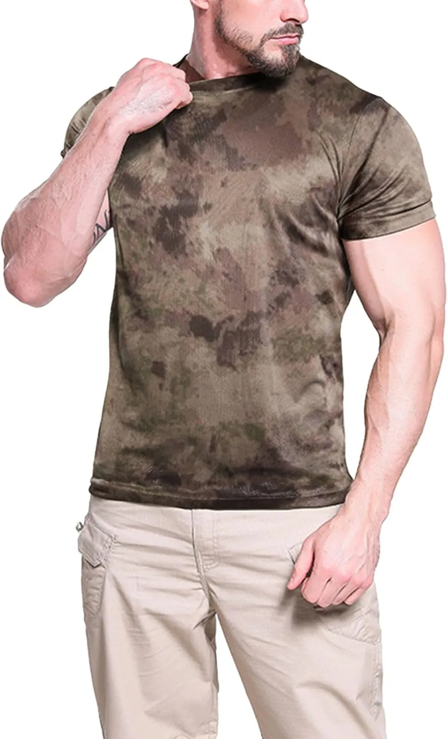 Mens Camo Compression Shirt Short Sleeve Quick Dry Lighweight Athletic Workout T-Shirt Crewneck Sports Tee Base-Layer