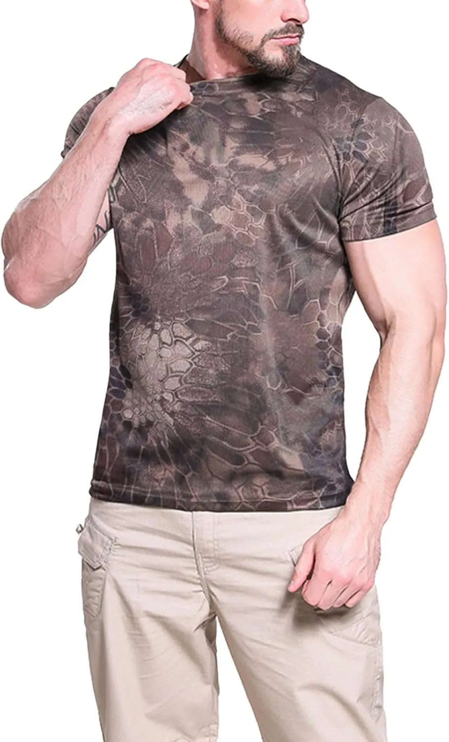 Mens Camo Compression Shirt Short Sleeve Quick Dry Lighweight Athletic Workout T-Shirt Crewneck Sports Tee Base-Layer