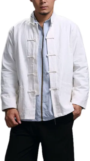 Men's Chinese Linen Cotton Blouse Shirts Long Sleeve Frog-Button Jacket Shirt Tai Chi Kung Fu Shirts with Pocket