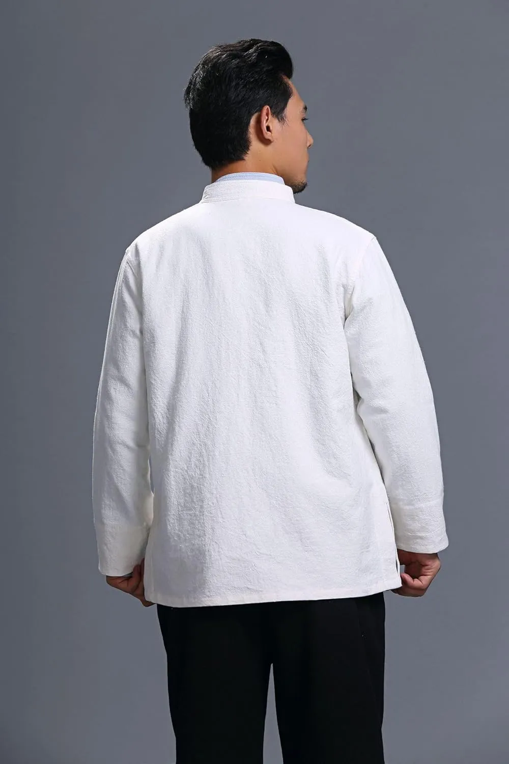 Men's Chinese Linen Cotton Blouse Shirts Long Sleeve Frog-Button Jacket Shirt Tai Chi Kung Fu Shirts with Pocket