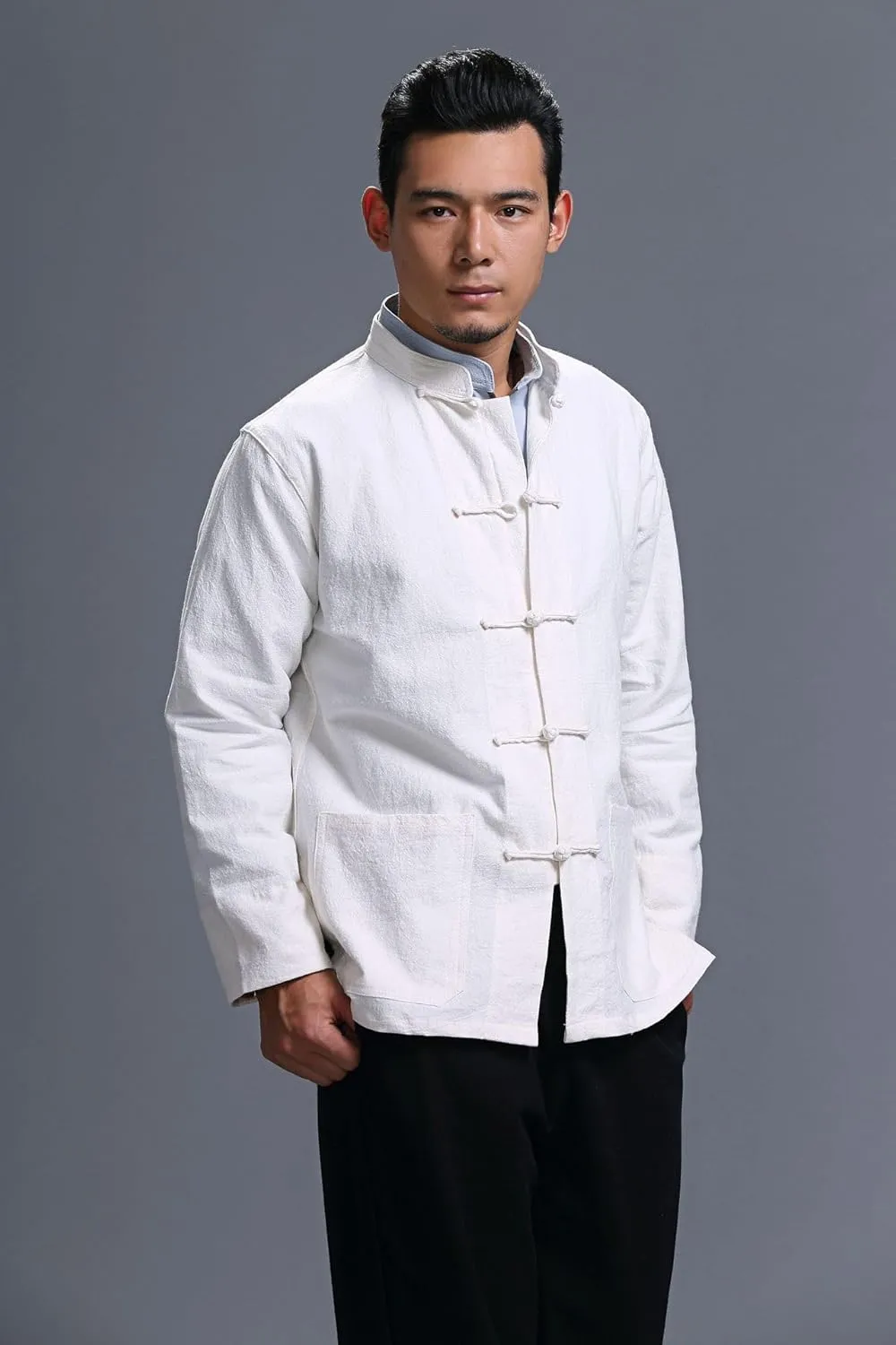 Men's Chinese Linen Cotton Blouse Shirts Long Sleeve Frog-Button Jacket Shirt Tai Chi Kung Fu Shirts with Pocket
