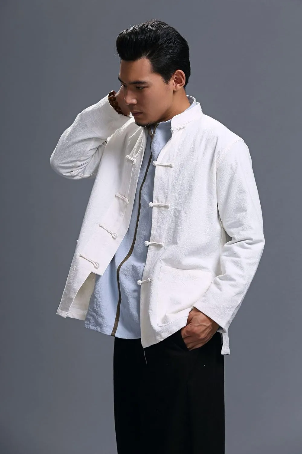 Men's Chinese Linen Cotton Blouse Shirts Long Sleeve Frog-Button Jacket Shirt Tai Chi Kung Fu Shirts with Pocket