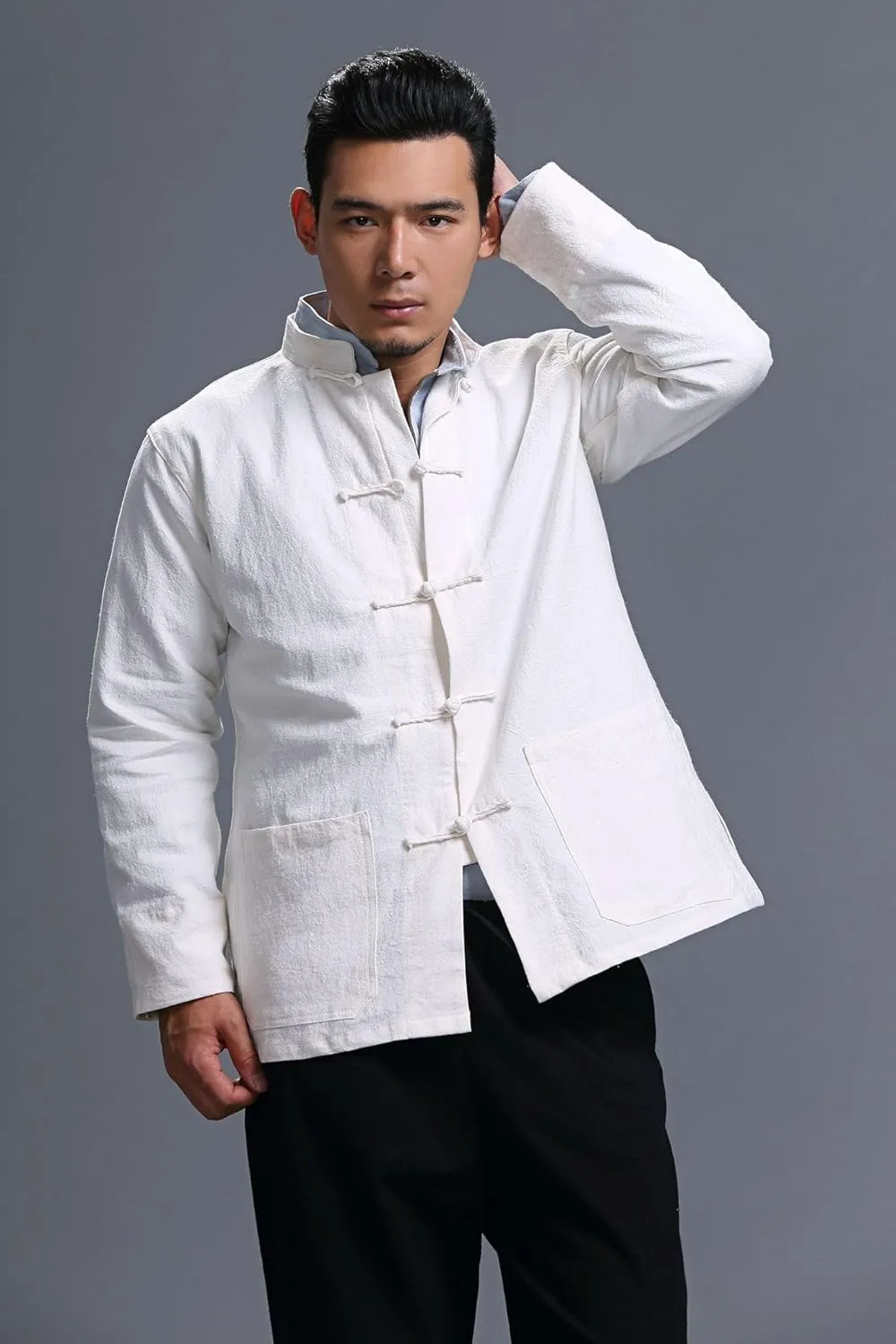 Men's Chinese Linen Cotton Blouse Shirts Long Sleeve Frog-Button Jacket Shirt Tai Chi Kung Fu Shirts with Pocket