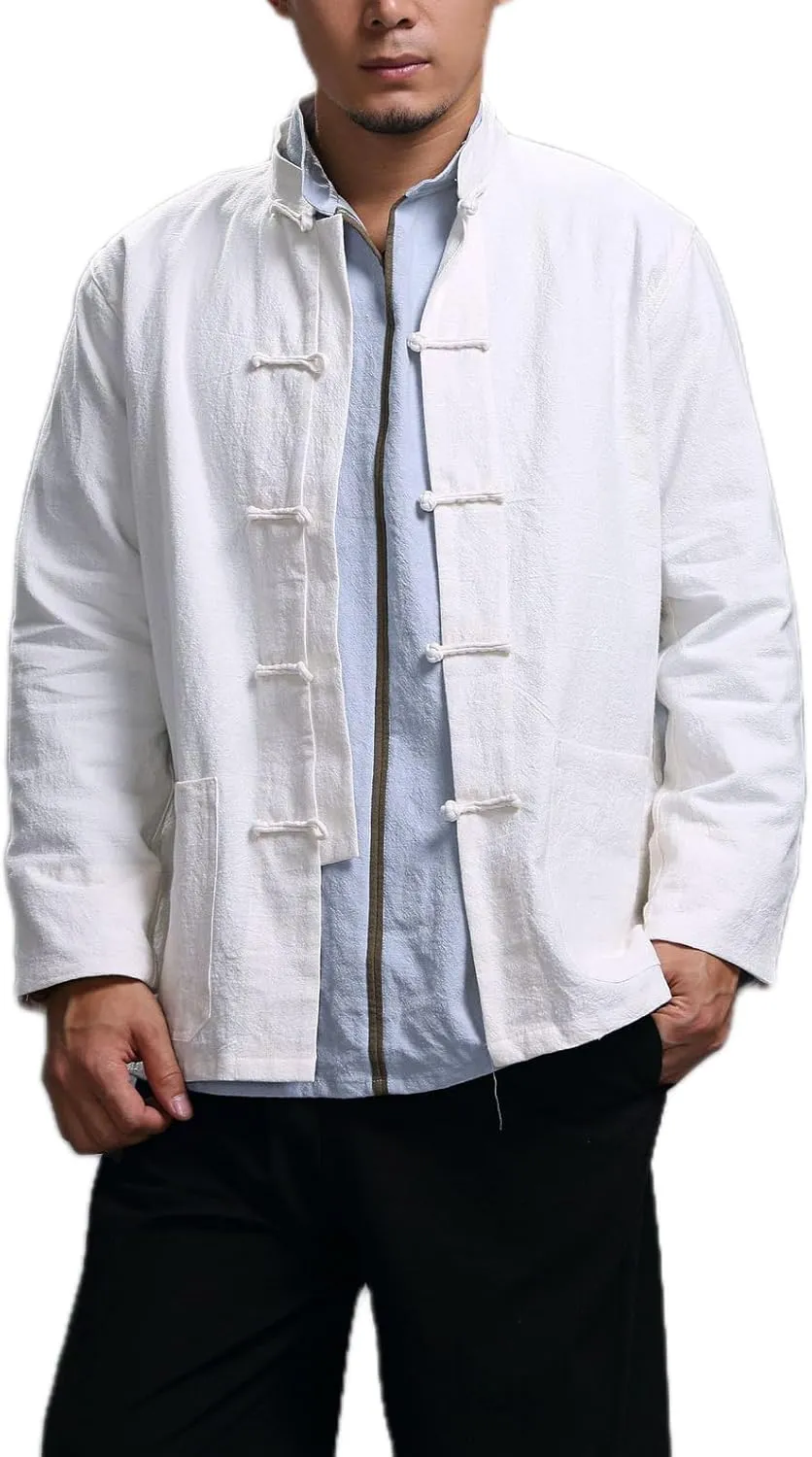 Men's Chinese Linen Cotton Blouse Shirts Long Sleeve Frog-Button Jacket Shirt Tai Chi Kung Fu Shirts with Pocket