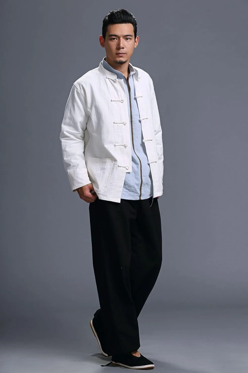 Men's Chinese Linen Cotton Blouse Shirts Long Sleeve Frog-Button Jacket Shirt Tai Chi Kung Fu Shirts with Pocket