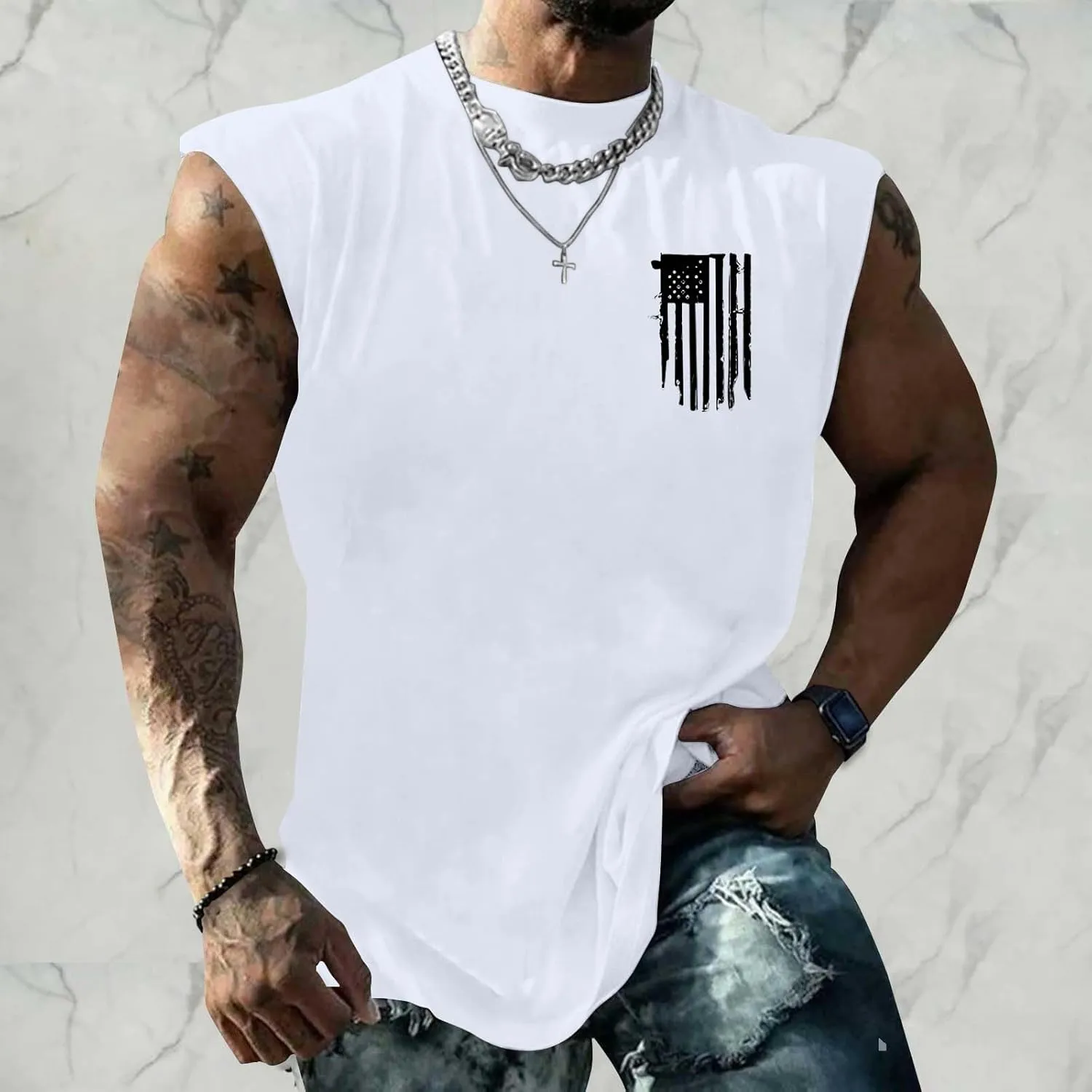 Mens Independence Day Tank Top Lightweight Quick Dry Soft Sleeveless Lapel Down Shirt Patriotic Casual Fitness Tops