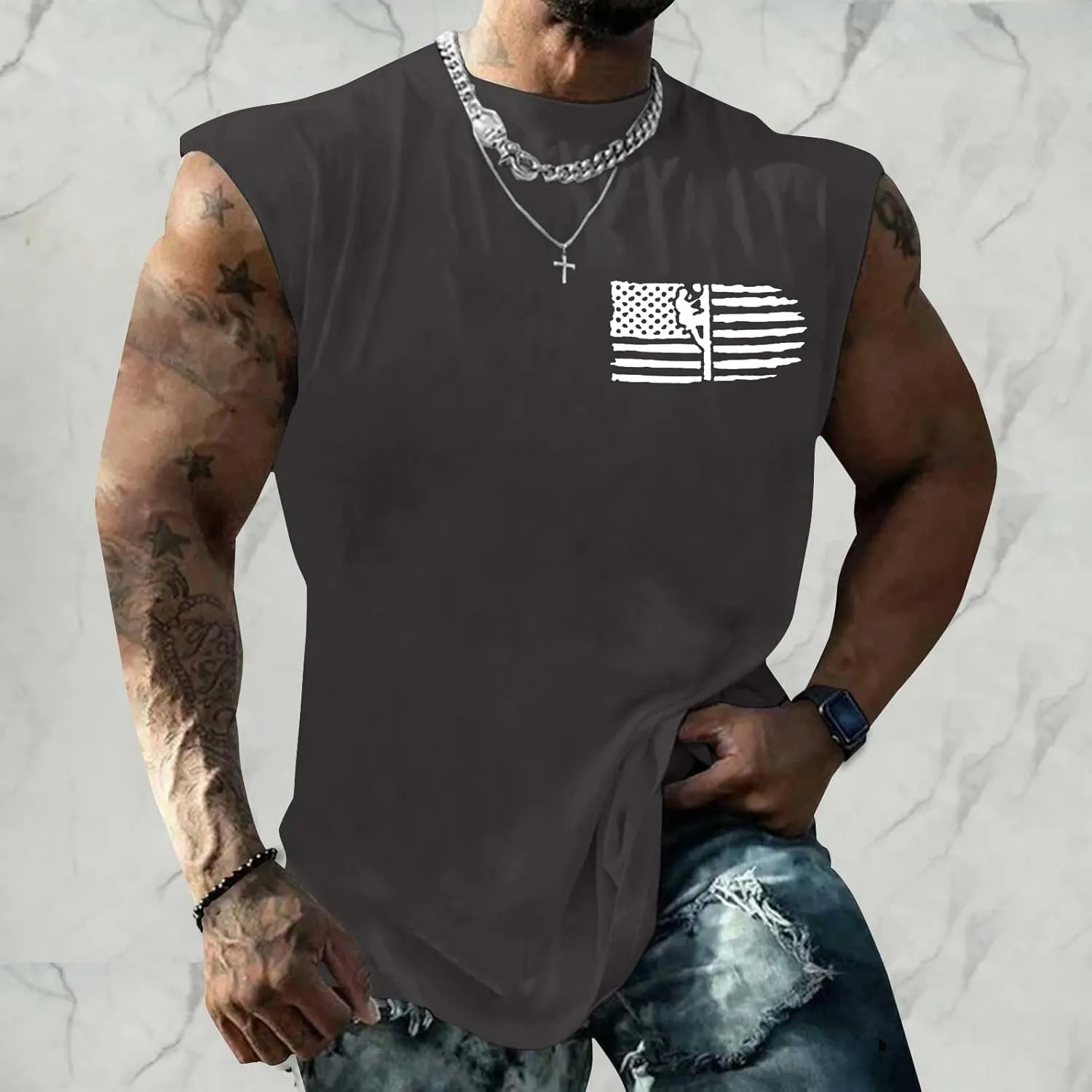 Mens Independence Day Tank Top Lightweight Quick Dry Soft Sleeveless Lapel Down Shirt Patriotic Casual Fitness Tops