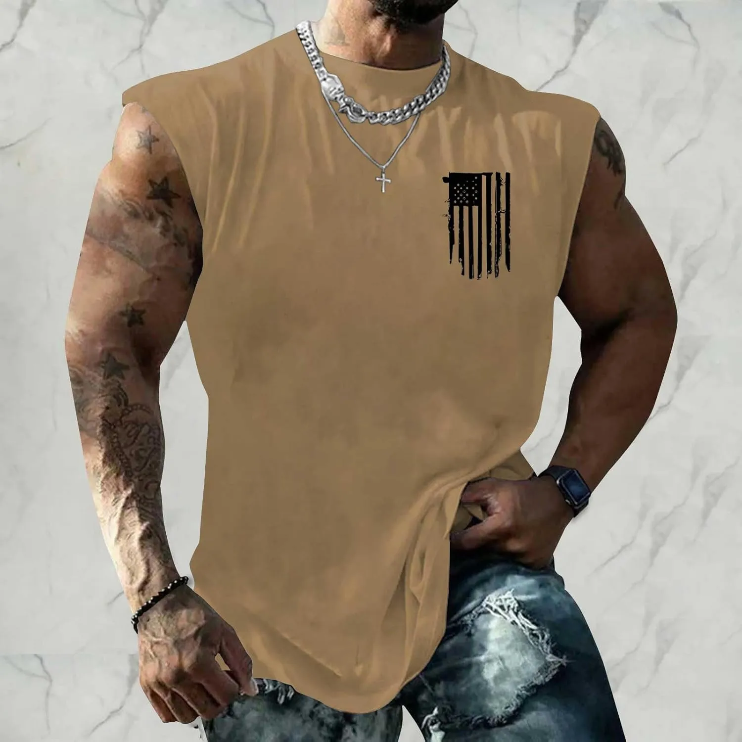Mens Independence Day Tank Top Lightweight Quick Dry Soft Sleeveless Lapel Down Shirt Patriotic Casual Fitness Tops