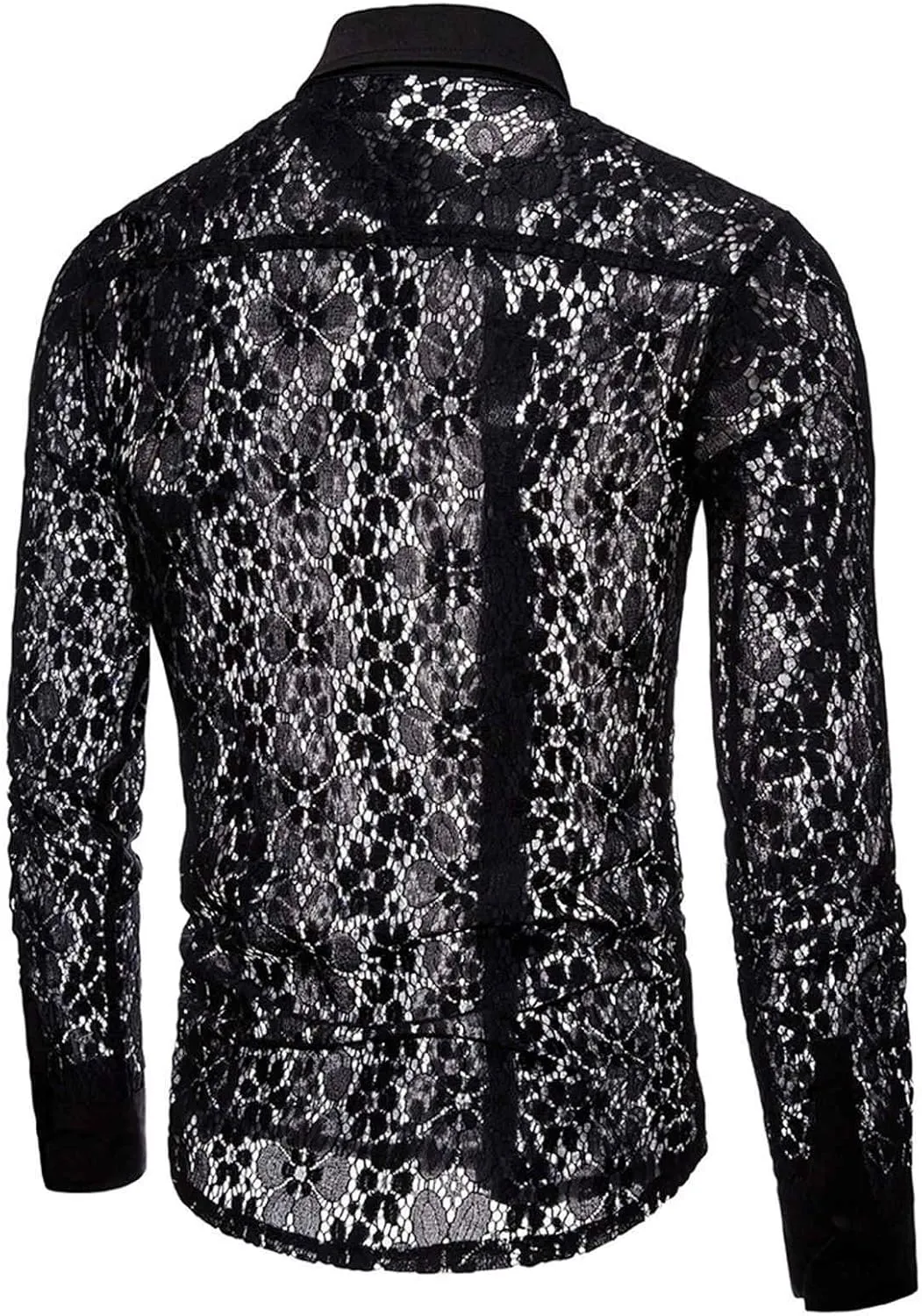 Mens Lace Rose Crochet Shirts See Through Long Sleeve Button Down Slim Fit Floral Shirts Sexy Mesh Muscle Tops