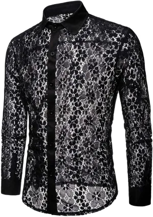 Mens Lace Rose Crochet Shirts See Through Long Sleeve Button Down Slim Fit Floral Shirts Sexy Mesh Muscle Tops