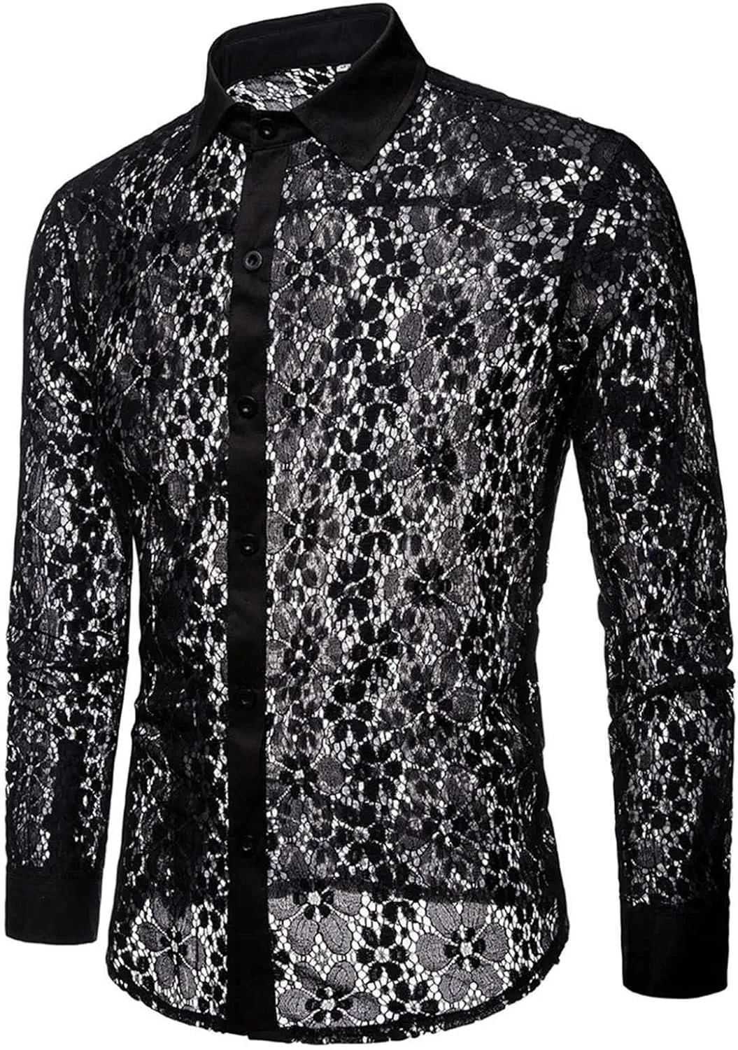 Mens Lace Rose Crochet Shirts See Through Long Sleeve Button Down Slim Fit Floral Shirts Sexy Mesh Muscle Tops