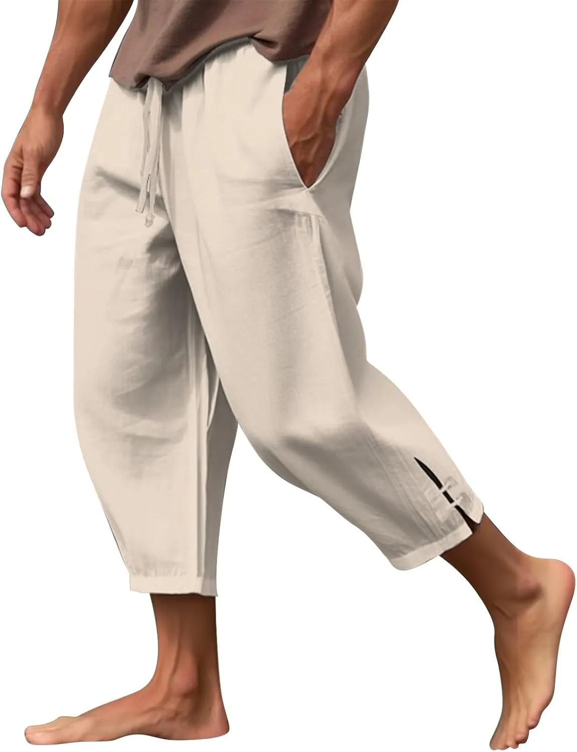 Men's Linen Casual Harem Capri Pants Lightweight Loose 3/4 Shorts Drawstring Elastic Waist Hippie Beach Yoga Trousers